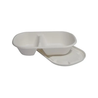 Tazones desechables de 2 compartimentos de fibras de caña de azúcar con tapa para llevar recipientes de comida de bagazo Tazones de preparación de comidas